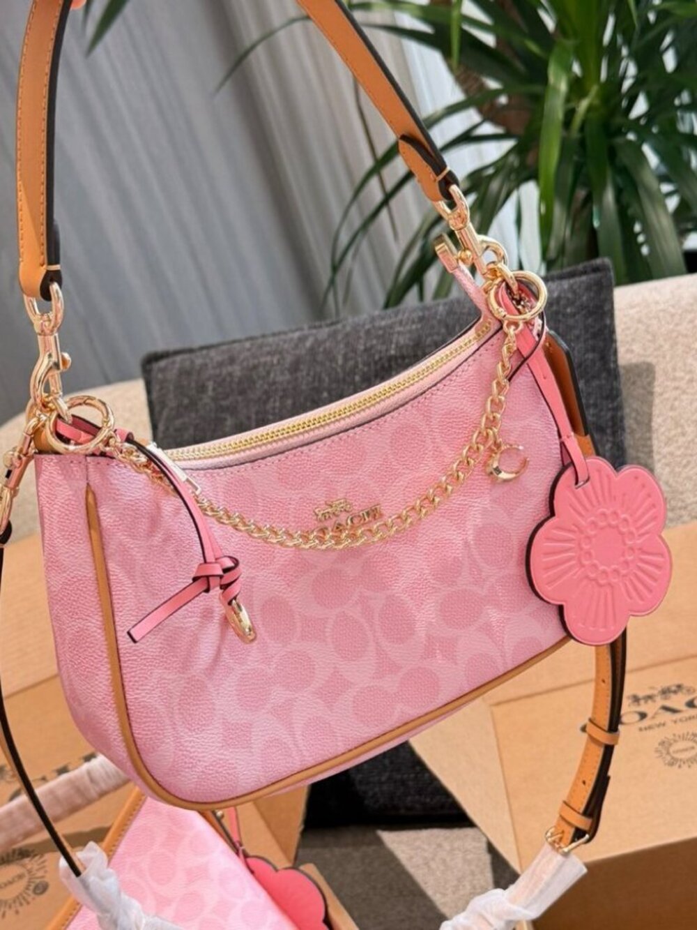 Coach Teri Shoulder Bag Signature Canvas With Charms Gold/Powder Pink CEA20 NWT